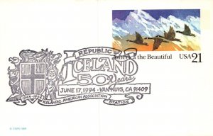 US POSTAL CARD SPECIAL PICTORIAL POSTMARK 50 YEARS REPUBLIC OF ICELAND TYPE II