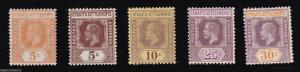 Straits Settlements 1921 Set of 5, Die I - MINT, Unused