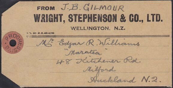 NEW ZEALAND 1935-40 8d Tuatara used on parcel tag Wellington to Auckland....1120