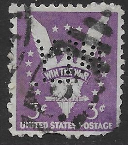 US #905 used perfin - Win the War. *thin.   Nice.