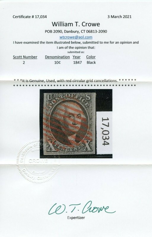 US SCOTT #2 USED-FINE W/ CROWE CERT 100% SOUND GREAT CANCEL (4/23/21 GP)