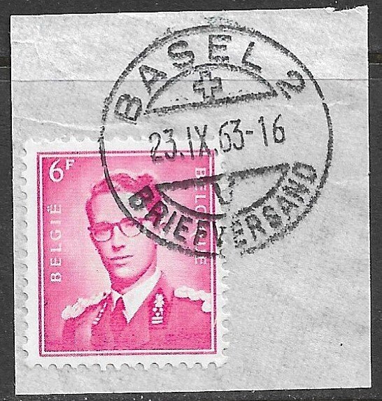 BELGIUM 1953-72 6fr King Baudouin Issue BASEL SWITZERLAND Pmk Piece Sc 460 VFU