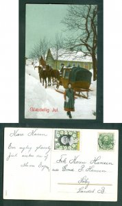 Denmark. 1909 Christmas Card. Seal + Star Cancel Landet. Horses, Sled, Girl. Adr