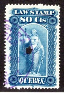 van Dam QL41, 80c blue, Used, Quebec Law Revenue Stamp, 1893-1906, Canada