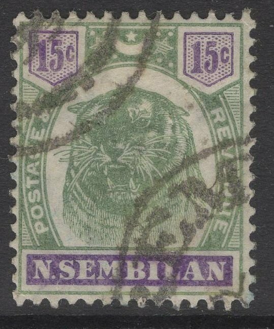 MALAYA NEGRI SEMBILAN SG11 1896 15c GREEN & VIOLET USED