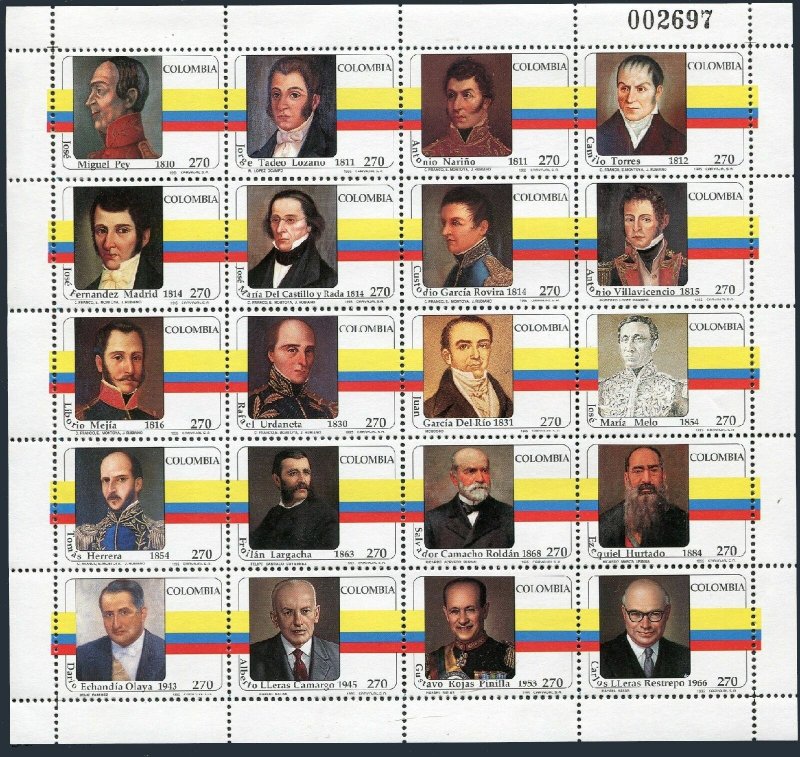 Colombia 1110 at sheet,MNH.Michel 1963-1982 Zd-bogen. Former Presidents,1995.