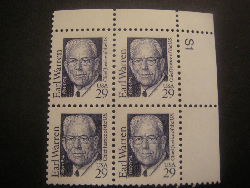 Scott 2184, 29c Earl Warren, PB4 #S1 UR side, MNH Great Americans Beauty