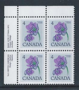 Canada #784 UL PL BL Hepatica 4¢ MNH8