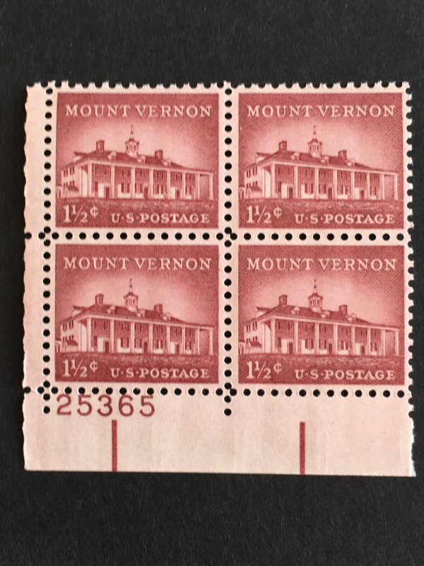 Scott #1032 Mount Vernon Plate Block MNH