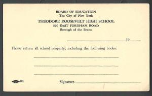 Ca 1945 PC BRONX NY THEODORE ROOSEVELT HIGH SCHOOL REQUEST RETURN SEE INFO