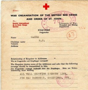 GB Channel Islands WW2 RED CROSS Message CAMP DE ROI GUERNSEY 1941 Chester MAX12 