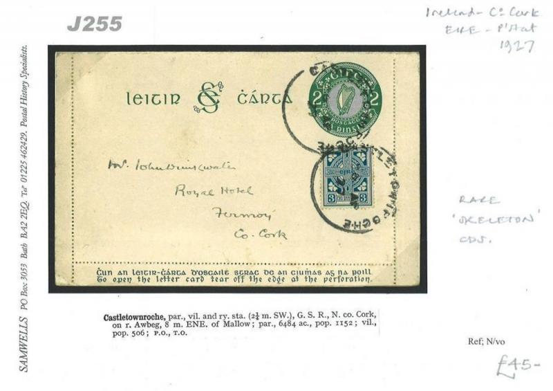 J255 1927 Ireland EIRE *Castletownroche* (Cork) Skeleton CDS Letter Card Fermoy