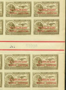 MEXICO C39(60) 15¢ ON 20¢ FULL SHEET OF 60 GUTTER. MINT, NH, SOME GUM SKIPS. VF.