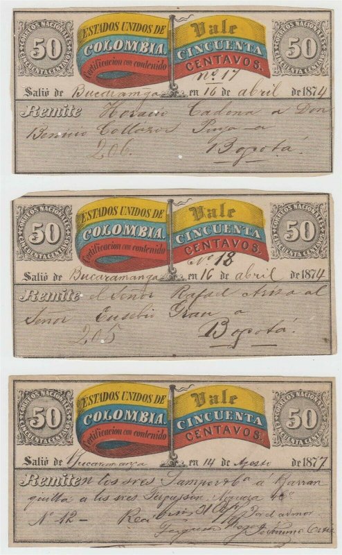 COLOMBIA 1870 INSURED LETTER STAMPS Sc G4 SIX CUBIERTAS SHADES USED SCV$150.00+ 