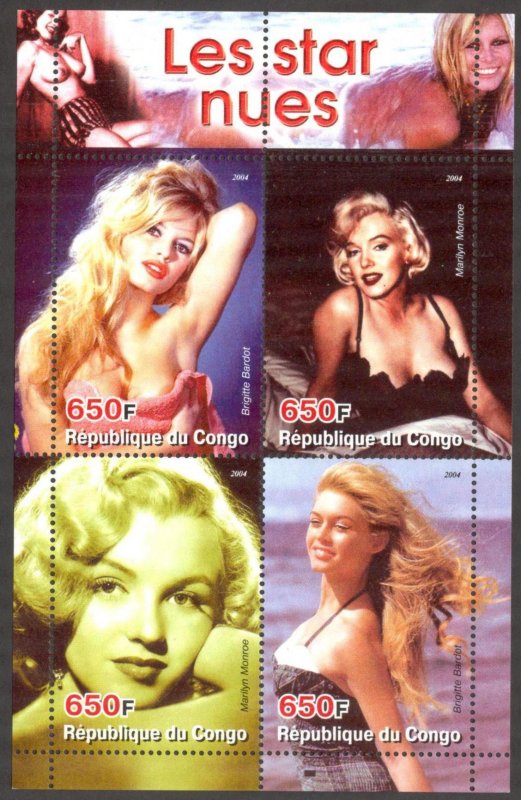 Congo 2004 Nude Stars Marilyn Monroe Brigitte Bardot sheet MNH Cinderella !