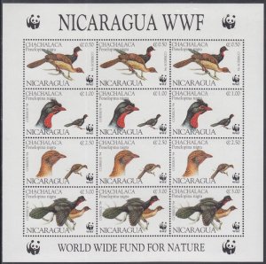 NICARAGUA Sc # 2067a-d.1 CPL MNH SHEE, 4 sets x 4 DIFF WORLD WILDLIFE FUND BIRDS