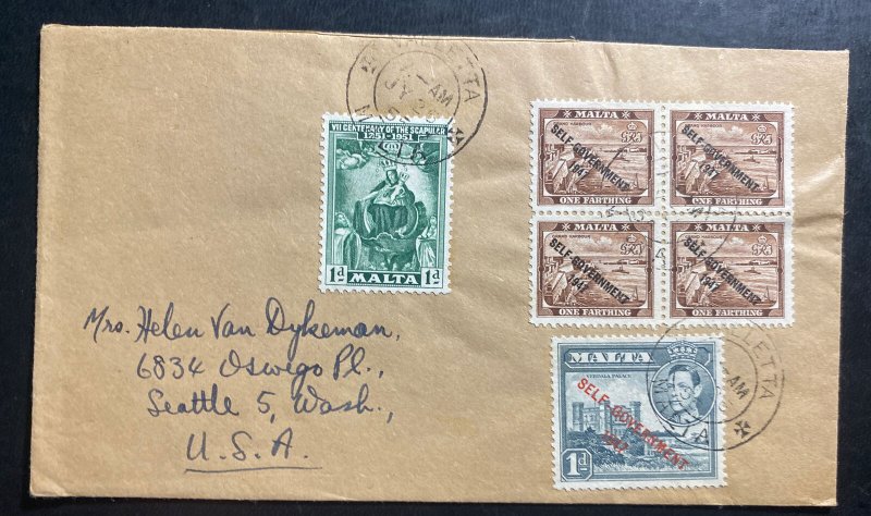 1955 Valletta Malta Cover to Seattle WA USA Self Government Stamp