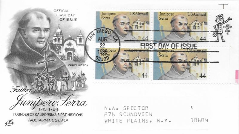 1985 Air Mail FDC, #C116, 44c Junipero Serra, Art Craft, block of 4