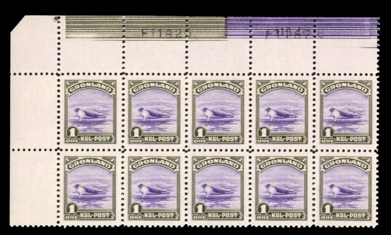 Greenland #10 Cat$185++ (for hinged), 1945 1o olive black and violet, sheet m...