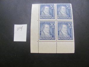 GERMANY 1952 MNH SC B323 CORNER MARGIN BLOCK OF 4 XF  560 EUROS (114)