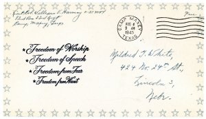 1945 US World War II Patriotic Cover *Freedom of Worship *Freedom of Speech...