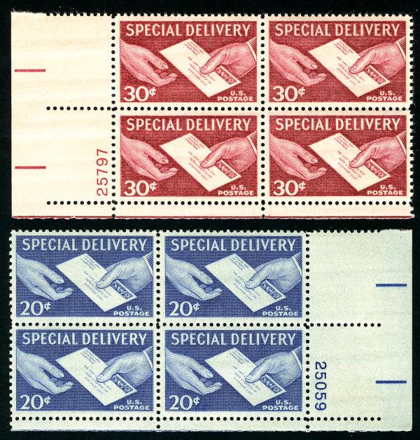 US #E20 E21  PLATE BLOCKS, VF/XF mint never hinged, post office fresh,  SUPER...