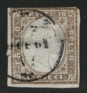 Sardinia Scott 11e Faulty 1862 gray brown color hole, thin