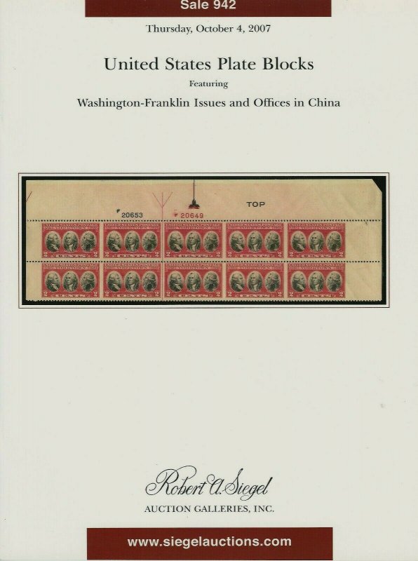 U.S. Washington-Franklin Plate Blocks, R.A. Siegel, N.Y., Sale 942, Oct 4, 2007