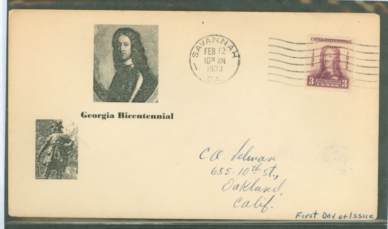US 726 1933 3c Georgia Bicentennial/General James Oglethorpe (single) on an addressed FDC with a cachet by an unknown publisher