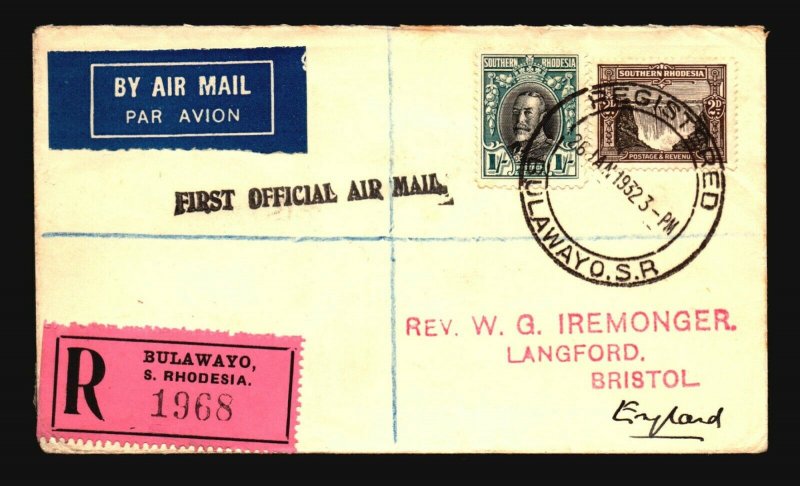 Southern Rhodesia 1932 Registered FFC to England - Z17988