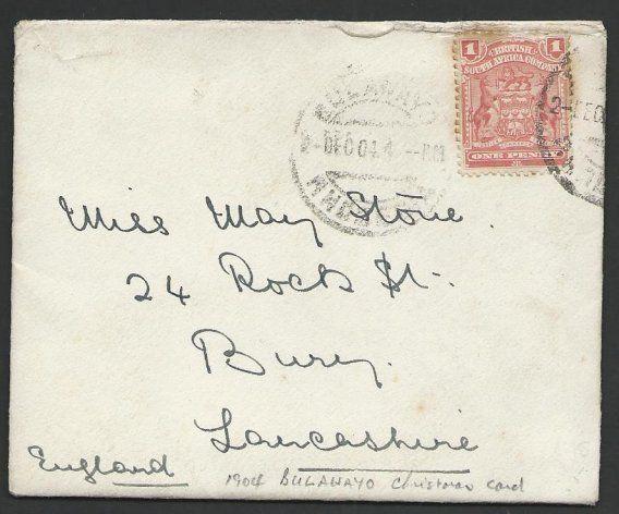 RHODESIA 1904 small cover - 1d Arms, Bulawayo to UK........................50224