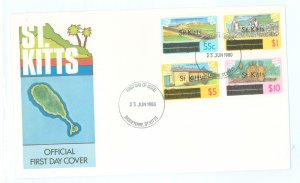 St. Kitts 34-7 1980 High values (55c, $1, $5, $10) of the overprinted definitive series on an unaddressed cacheted first day cov