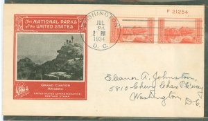 US 741 (1934) 2c Grand Canyon (part of the National park series) (Plate number pair) on an addressed First Day Cover and an 100R