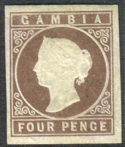 GAMBIA-1871 4d Pale Brown.  A unused no gum 4 margin example Sg 2