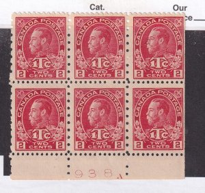 CANADA BOB # MR3 VF-MNH 3 MLH  KGV 2cts ITC BLOCK OF 6 PLATE # CAT VALUE $720