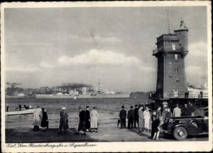 Postcard Kiel in Schleswig Holstein, Warship, on Hindenburgufer & Signal Tower