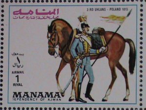 MANAMA-MILITARY UNIFORMS ON HORSE SOLIDERS  MNH FULL SHEET VERY FINE EST. $12