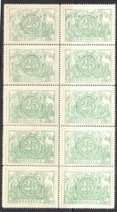 Belgium #Q10 Mint VF NH Rare Block of 10 C$72.50 -- Rare Multiple