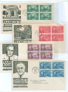 US 930-933 1946 Franklin D. Roosevelt, memorial set of four on four address (typed) first day covers with blocks of four and mat