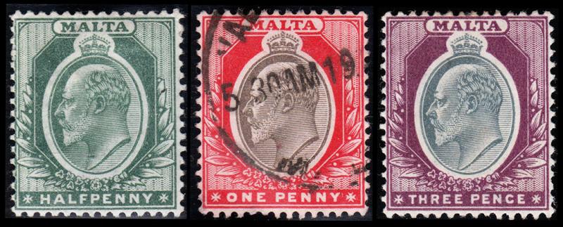 Malta Scott 21-22, 25 (1903-04) Mint/Used H F-VF, CV $12.50 B