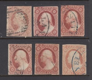 US #11s and 11As 6x 3c Washington  (Used group)  cv$90.00