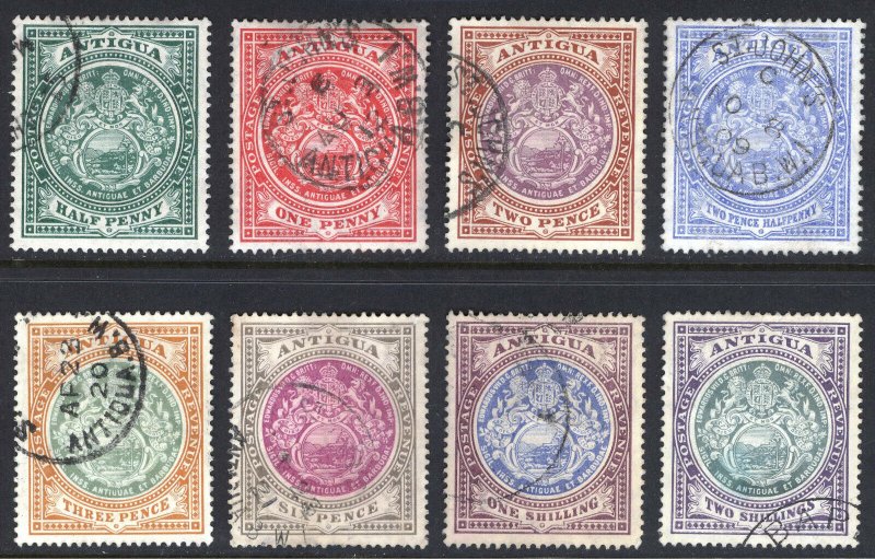 Antigua 1908 1/2d-2s Seal Wmk MultiCrnCA SG 41-50 Scott 31-38 VFU Cat£275($371)