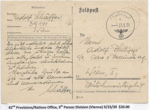 WW2: German Feldpost: 82nd Provisions/Rations Office, 9th Panzer Div ... (M6696)