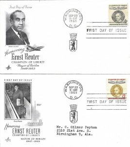 1959 FDC, #1136-1137, 4c/8c Ernst Reuter, Art Craft (2)