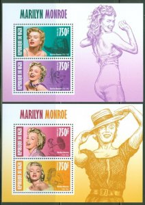 NIGER 2013 MARILYN MONROE   SET OF TWO SHEETS OF TWO STAMPS EACH  MINT NH