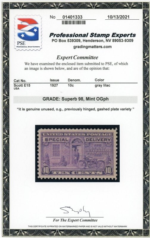US Stamp #E15 Special Delivery 10c - PSE Cert - Superb 98 - MOGLH