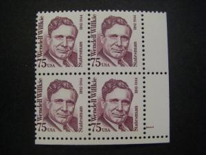 Scott 2192, 75c Wendell Willkie, PB4 #1 LR, Great Americans, MNH Beauty