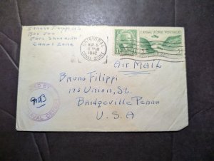 1942 Censored USA Canal Zone Airmail Cover Cristobal CZ to Bridgeville PA USA