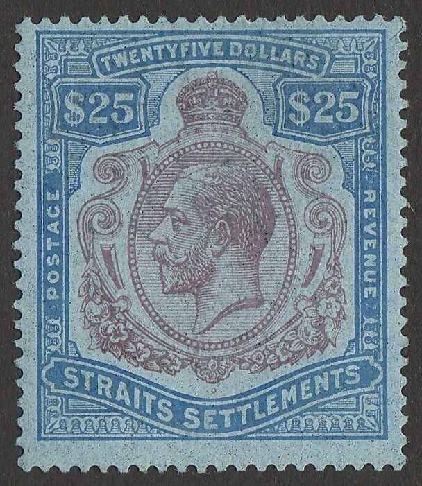 STRAITS SETTLEMENTS 1921 KGV $25 purple & blue on blue, wmk script. Rare genuine