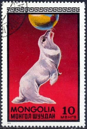 Circus Scene, Seal Playing Ball, Mongolia stamp SC#708 used